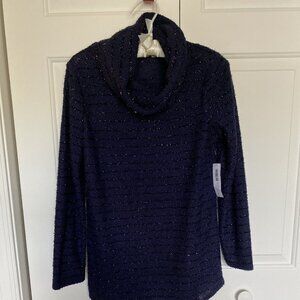 Chico's Women's Sparkle Lurex Stripe Cowl Tunic Deep Navy Knit NWT